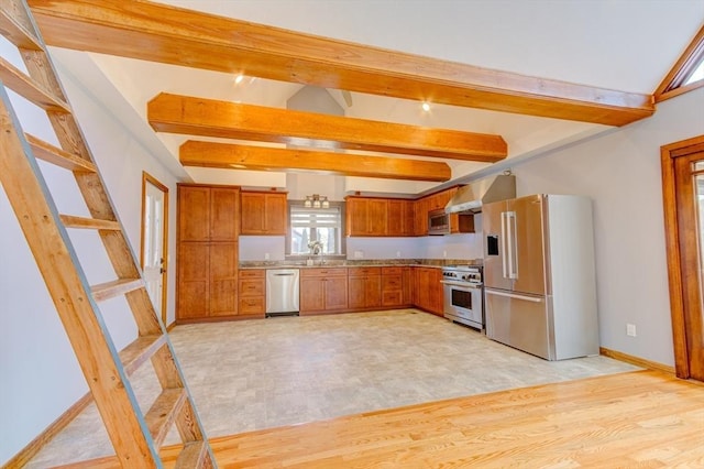 kitchen featuring brown cabinetry, light countertops, ventilation hood, lofted ceiling with beams, and premium appliances