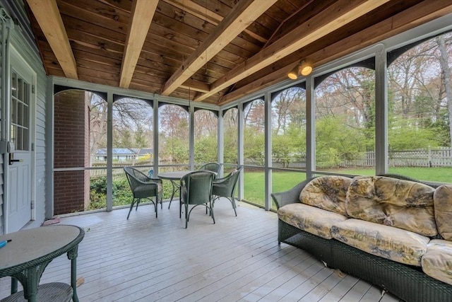 9 Brucewood, Acton, MA 01720 - sunroom / solarium with outdoor dining space, a healthy amount of sunlight, and beamed ceiling