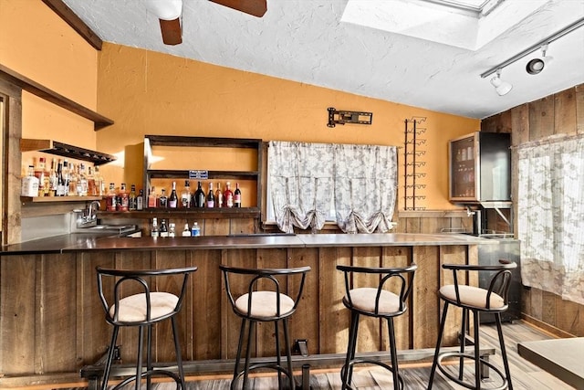 bar featuring vaulted ceiling, sink, ceiling fan, track lighting, and a textured ceiling