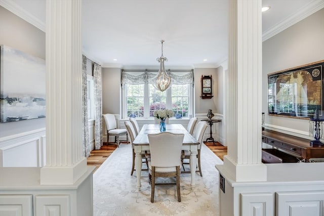 11 Teal Cir, Mashpee, MA 02649 - dining room with light wood finished floors, ornamental molding, ornate columns, a chandelier, and recessed lighting