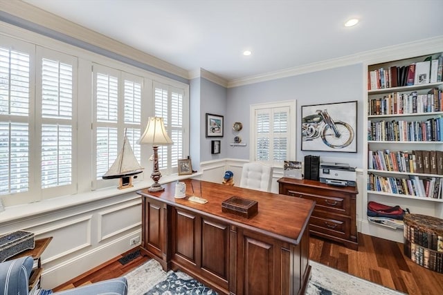 11 Teal Cir, Mashpee, MA 02649 - office area featuring a decorative wall, dark wood-style flooring, a wainscoted wall, crown molding, and recessed lighting