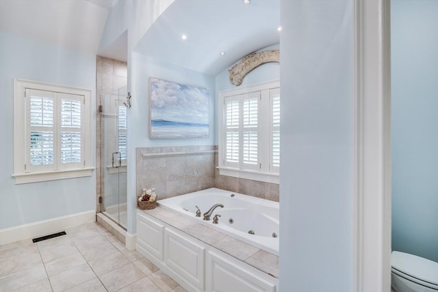 11 Teal Cir, Mashpee, MA 02649 - bathroom featuring a whirlpool tub, a shower stall, and vaulted ceiling