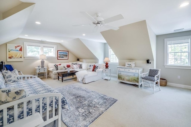 11 Teal Cir, Mashpee, MA 02649 - carpeted bedroom featuring multiple windows, lofted ceiling, recessed lighting, and ceiling fan