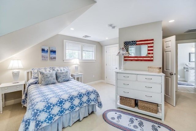 11 Teal Cir, Mashpee, MA 02649 - bedroom with light carpet, vaulted ceiling, and recessed lighting