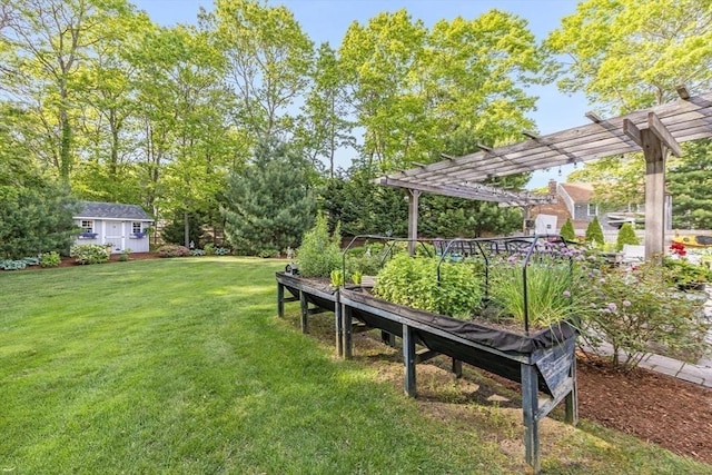 11 Teal Cir, Mashpee, MA 02649 - view of grassy yard with a pergola and an outbuilding