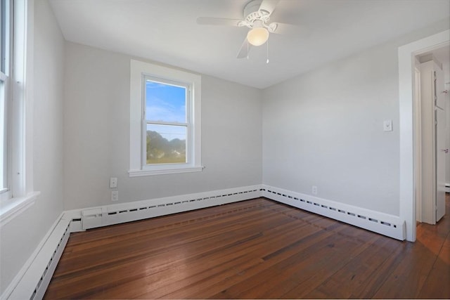 empty room with baseboard heating, wood-type flooring, and a ceiling fan