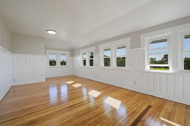 interior space featuring lofted ceiling, light wood finished floors, and a wainscoted wall