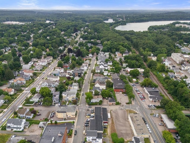 drone / aerial view with a water view