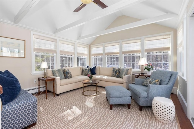 sunroom with a baseboard heating unit, lofted ceiling with beams, and ceiling fan