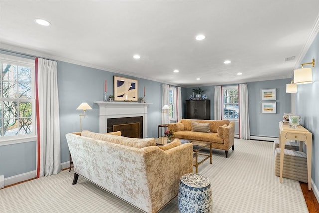 carpeted living room with crown molding