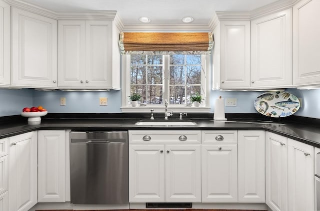 kitchen featuring sink, stainless steel dishwasher, and white cabinets