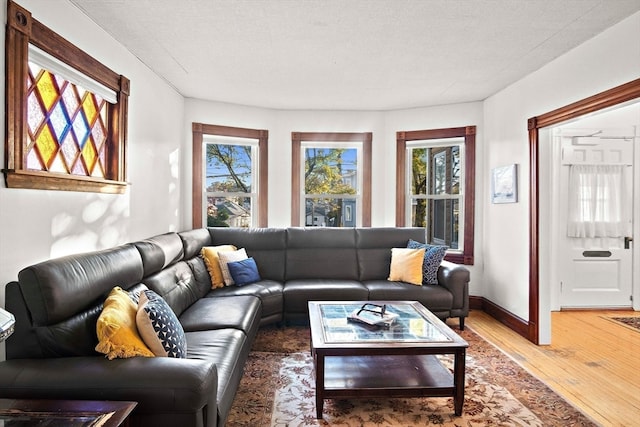 living room featuring a textured ceiling and hardwood / wood-style flooring