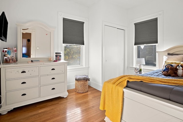 bedroom featuring hardwood / wood-style floors and a closet