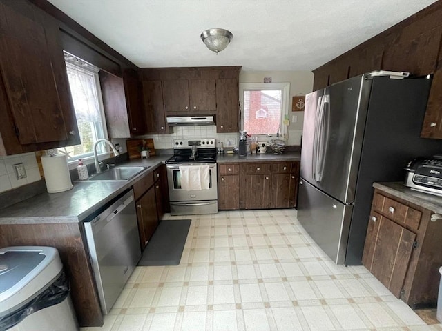 kitchen featuring backsplash, appliances with stainless steel finishes, sink, and dark brown cabinetry