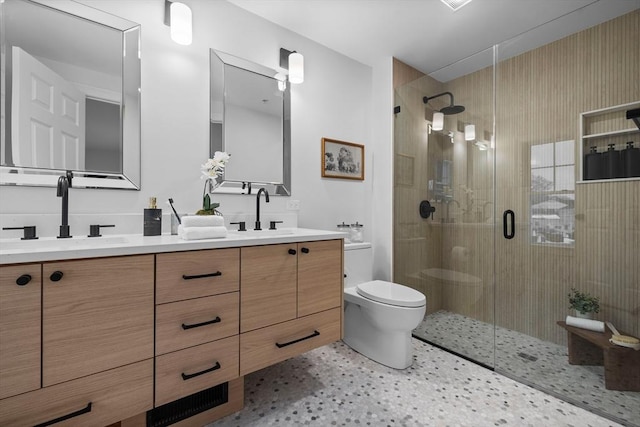 bathroom with vanity, toilet, and an enclosed shower