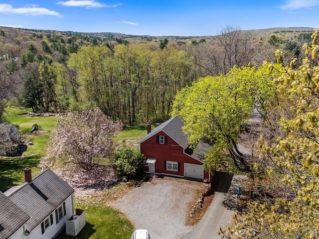 view from above of property with a heavily wooded area