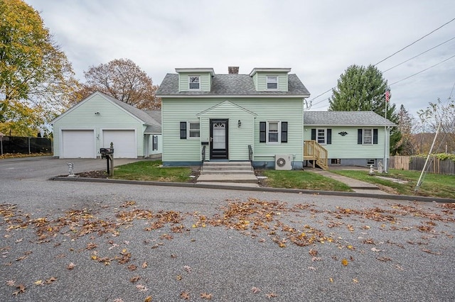 view of front of property with ac unit, a shingled roof, fence, and an outdoor structure