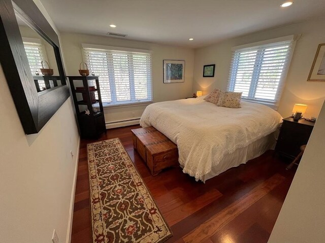 150 Sagamore St, Hamilton, MA 01982 - bedroom with a baseboard radiator, dark wood-style flooring, and recessed lighting