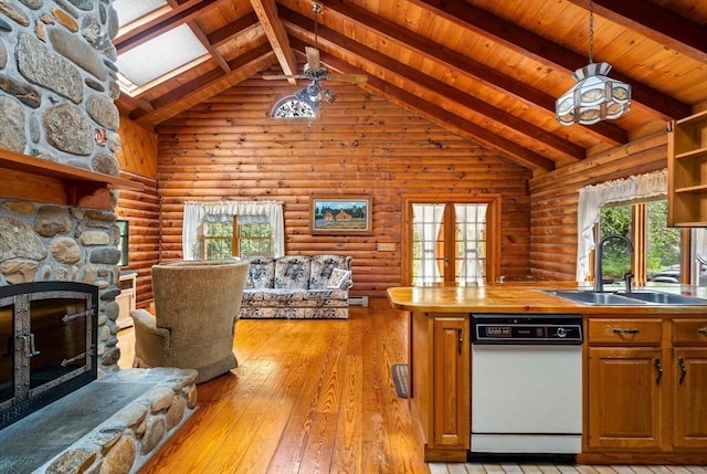7 Hawthorne Dr, Southampton, MA 01073 - kitchen featuring dishwasher, a wood ceiling with exposed beams, open floor plan, healthy amount of natural light, and light wood-style flooring