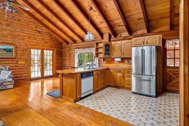 7 Hawthorne Dr, Southampton, MA 01073 - kitchen with high quality fridge, white dishwasher, wooden ceiling, a peninsula, and open shelves