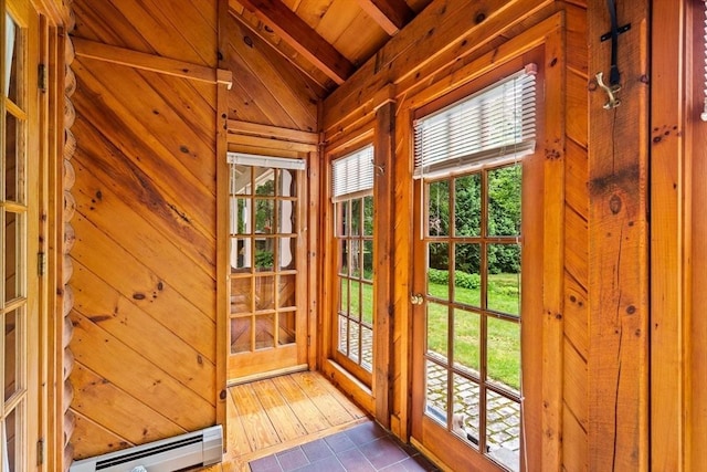 7 Hawthorne Dr, Southampton, MA 01073 - doorway featuring a baseboard radiator, wooden ceiling, vaulted ceiling, plenty of natural light, and wood walls