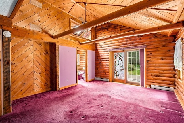 7 Hawthorne Dr, Southampton, MA 01073 - empty room featuring baseboard heating, log walls, carpet flooring, and wood ceiling