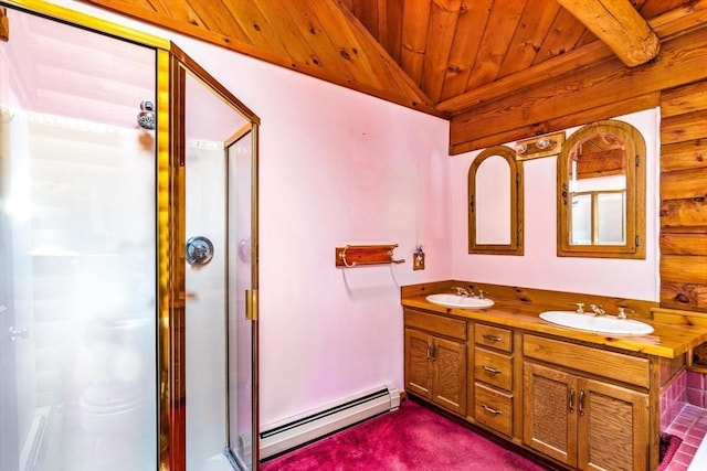 7 Hawthorne Dr, Southampton, MA 01073 - full bathroom featuring baseboard heating, wooden ceiling, a stall shower, double vanity, and lofted ceiling