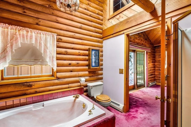 7 Hawthorne Dr, Southampton, MA 01073 - bathroom featuring log walls, baseboard heating, a bath, vaulted ceiling, and wooden ceiling