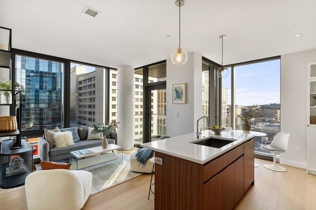 kitchen featuring a kitchen island with sink, floor to ceiling windows, light wood-style floors, and a sink