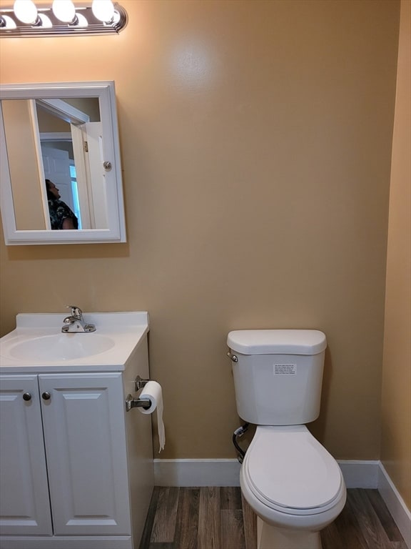 bathroom with hardwood / wood-style flooring, vanity, and toilet