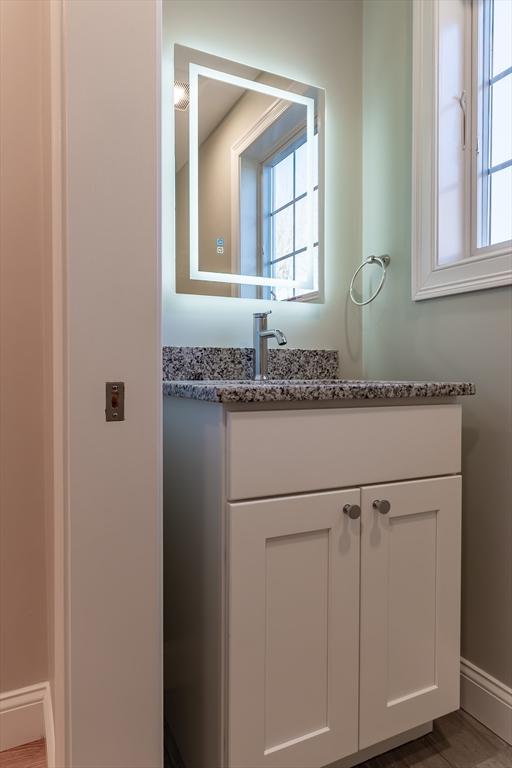 bathroom with wood-type flooring and vanity