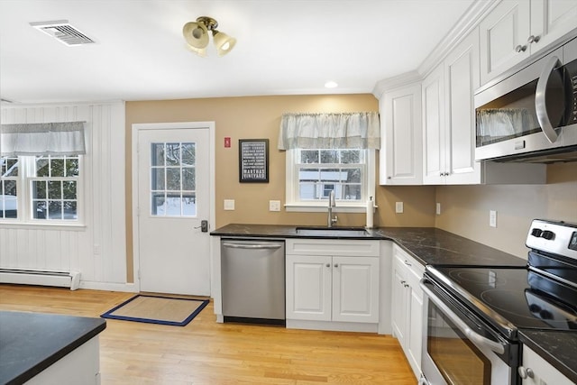 kitchen featuring sink, stainless steel appliances, a wealth of natural light, white cabinets, and a baseboard radiator