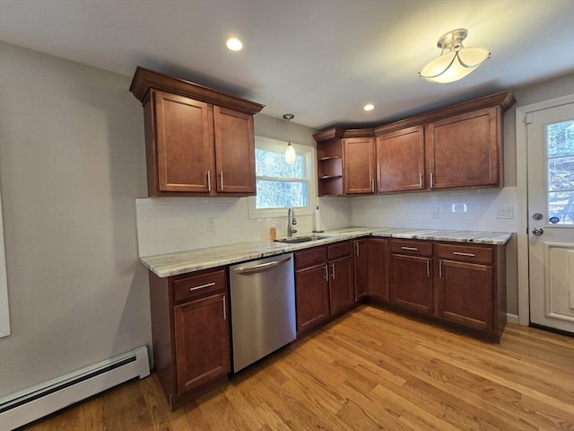 kitchen with sink, baseboard heating, backsplash, light hardwood / wood-style floors, and stainless steel dishwasher