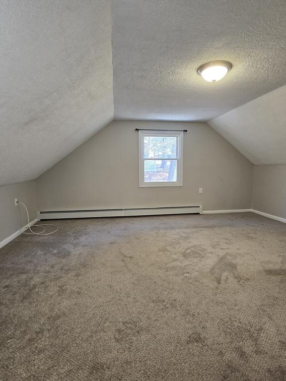 additional living space featuring baseboard heating, carpet flooring, vaulted ceiling, and a textured ceiling