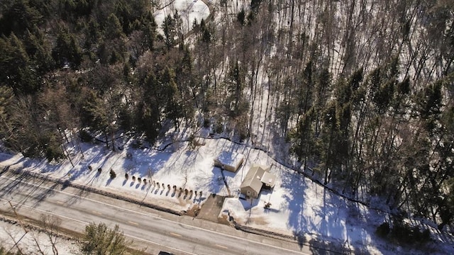 bird's eye view with a wooded view