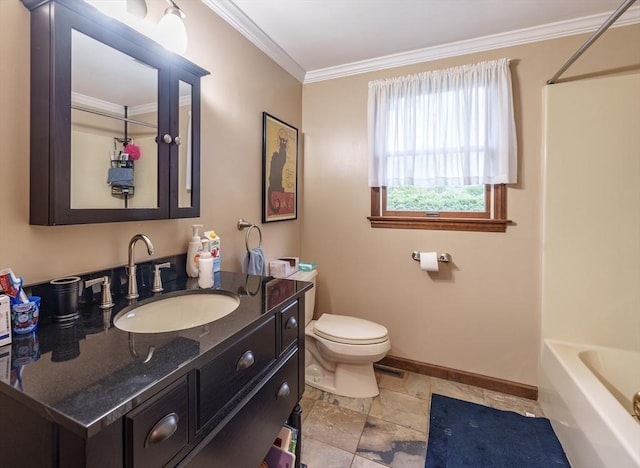 bathroom featuring toilet, stone tile floors, baseboards, vanity, and ornamental molding