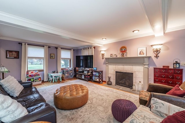 living room featuring wood finished floors, a fireplace, and ornamental molding