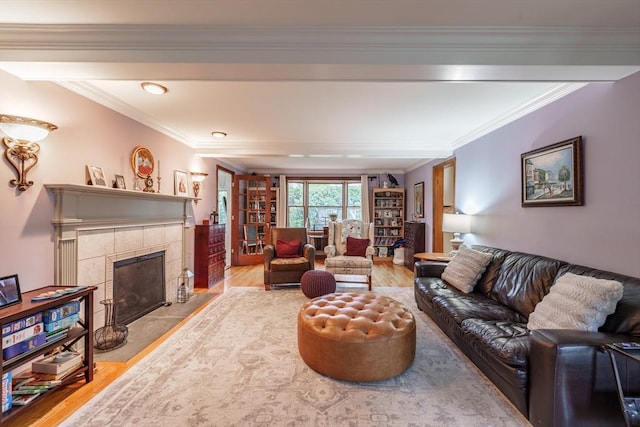 living room featuring crown molding, wood finished floors, and a fireplace