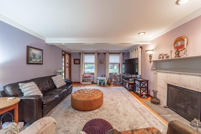 living room featuring a fireplace, crown molding, and wood finished floors