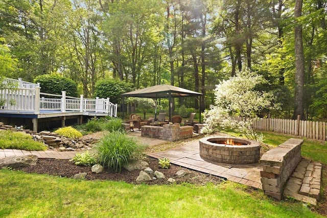 5-R Valeda, Rehoboth, MA 02769 - view of yard featuring an outdoor fire pit, a gazebo, a deck, a patio, and view of scattered trees