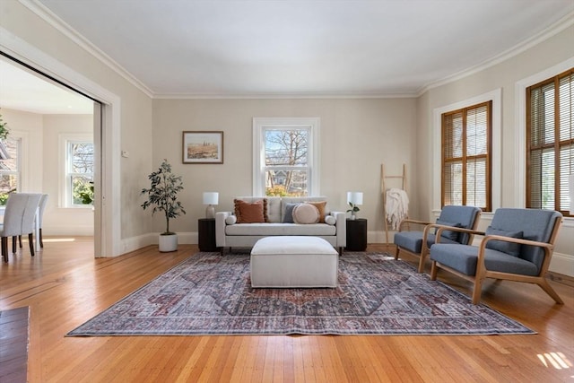 living room featuring wood-type flooring and ornamental molding