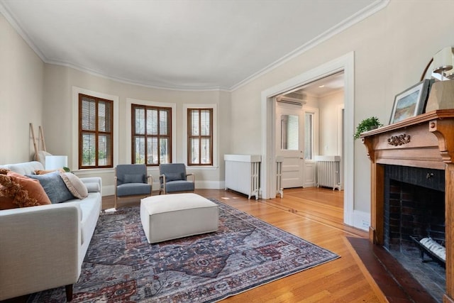 living room with crown molding, radiator, hardwood / wood-style floors, and a wall unit AC