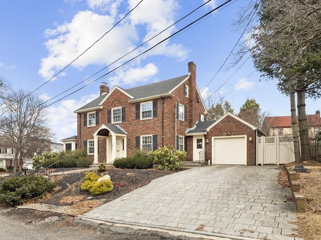 colonial house with brick siding, fence, a chimney, decorative driveway, and a garage