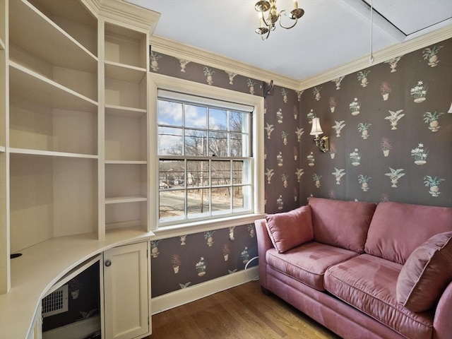 interior space with wallpapered walls, baseboards, wine cooler, ornamental molding, and wood finished floors