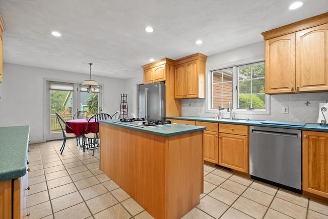5 Campbell Rd, Middleton, MA 01949 - kitchen featuring stainless steel appliances, a sink, backsplash, recessed lighting, and light tile patterned floors