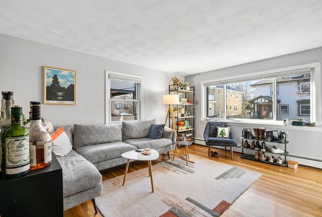 living room with a baseboard radiator and wood finished floors