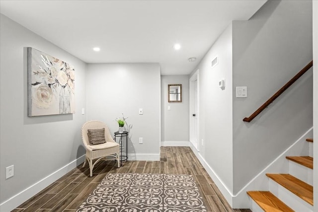 166 Klondike Rd, Dudley, MA 01571 - living area with wood tiled floors, baseboards, stairway, and recessed lighting