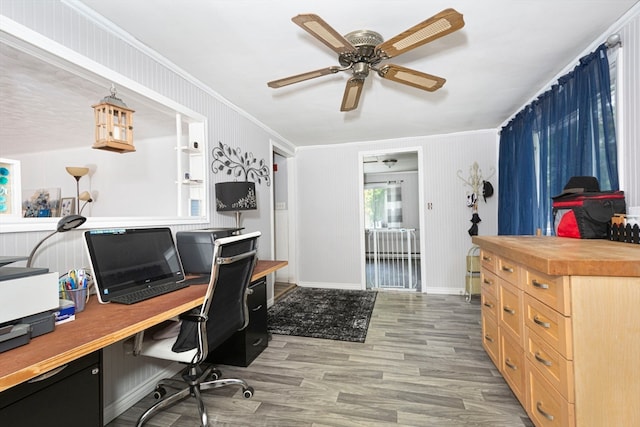 office area featuring light wood-type flooring, ceiling fan, and crown molding