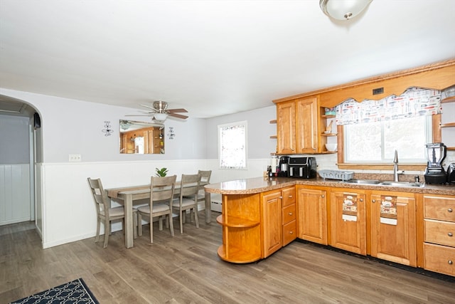 kitchen with ceiling fan, sink, dark hardwood / wood-style floors, and kitchen peninsula