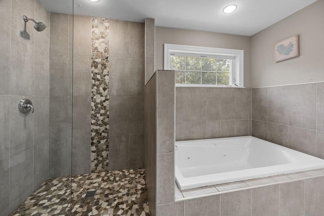15 Littlefield Pond Rd, Harwich, MA 02645 - full bath featuring a whirlpool tub, a walk in shower, and recessed lighting